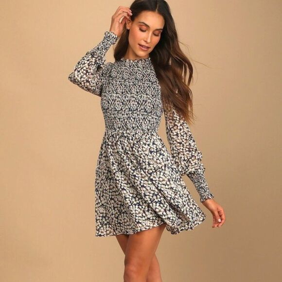 Lulus Floral Forever Navy Blue Floral Print Smocked Skater Dress - Size L - Picture 1 of 10
